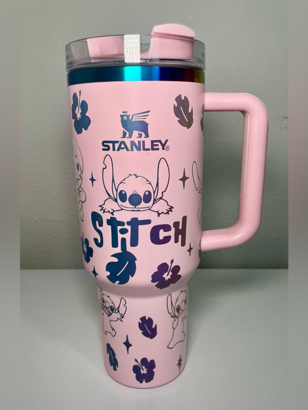 Pink 40 oz Stanley custom Stitch w/ Rainbow Rim Tumbler - Ohana means family